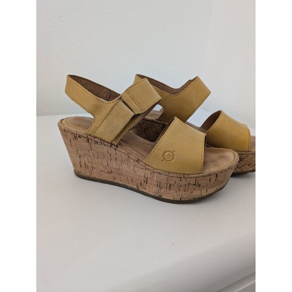 Born Yellow Leather Platform Mae Strappy Sandals Cork Wedge Heel Women's sz 6M - Picture 5 of 12